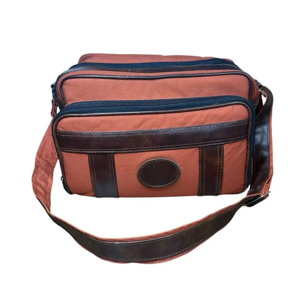 Vtg Camera Bag Orangish Brown Canvas Faux Leather Trim Padded Case Strap 12x7.5